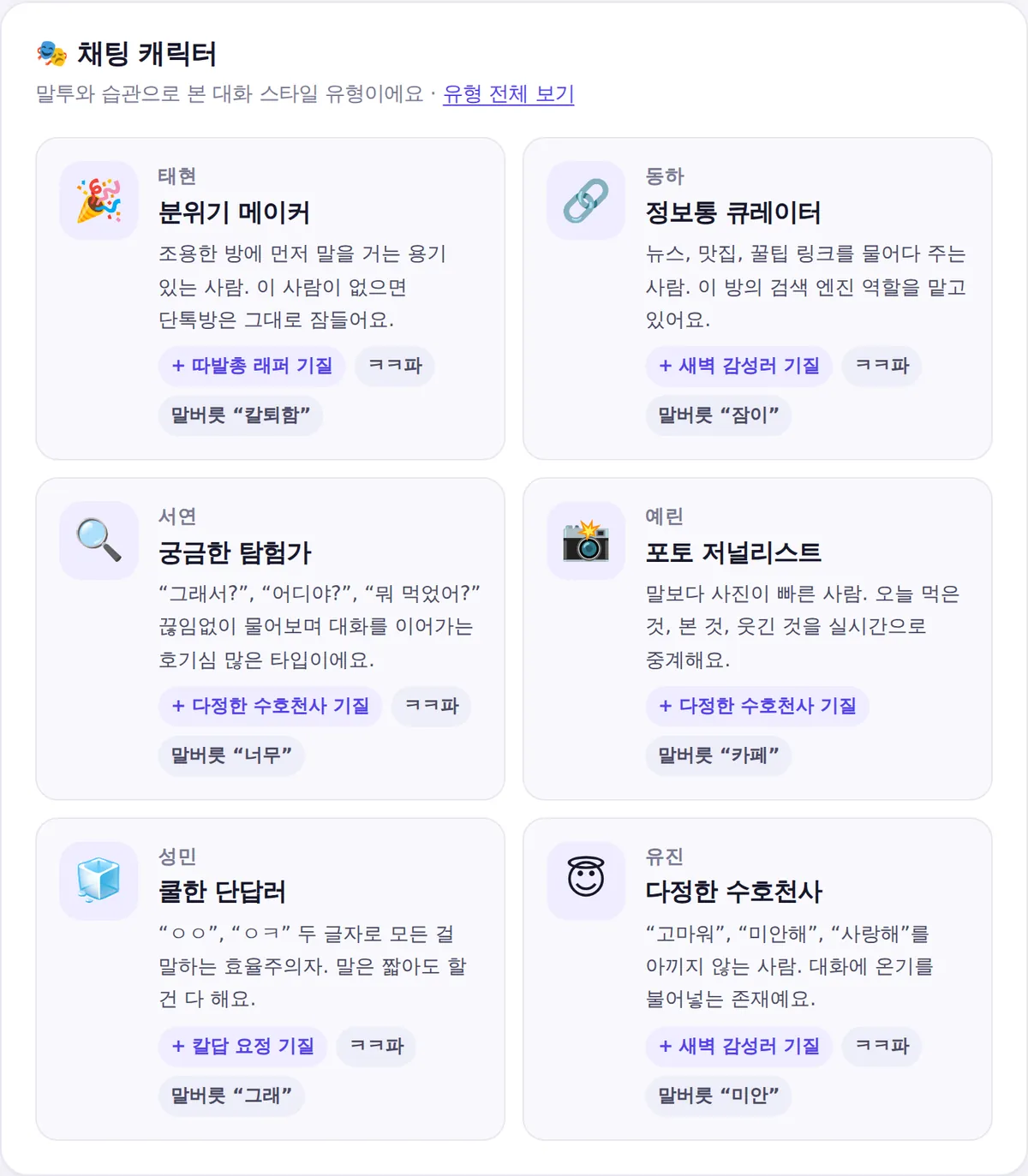 대화 데이터로 판정한 참여자별 채팅 캐릭터 카드